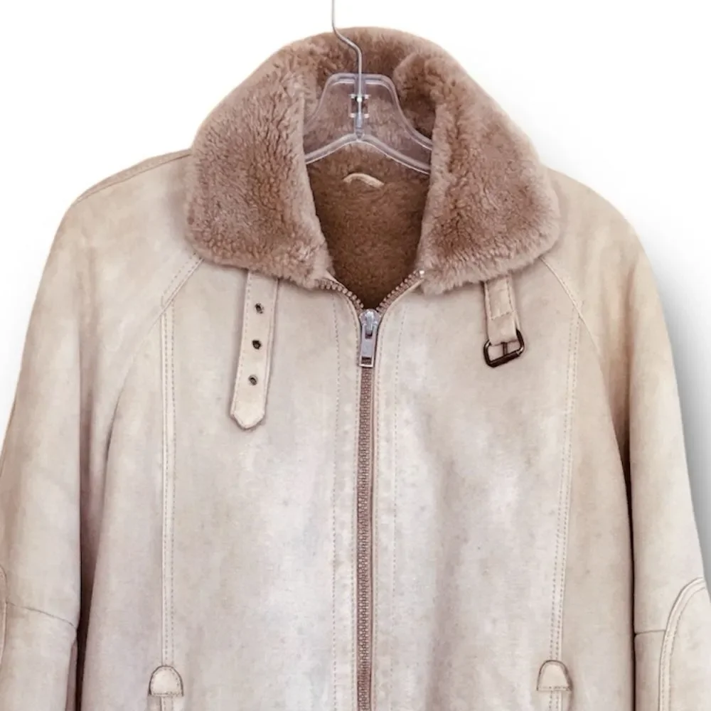 100% Gewachsenes Lammfell Suede Shearling Aviator Bomber Jacket Taupe Sz 50-US M